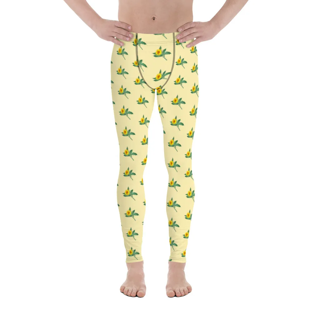 Sunflower Floral Men's Leggings, Yellow Floral Print Compression Running Tights For Men - Made in USA/EU