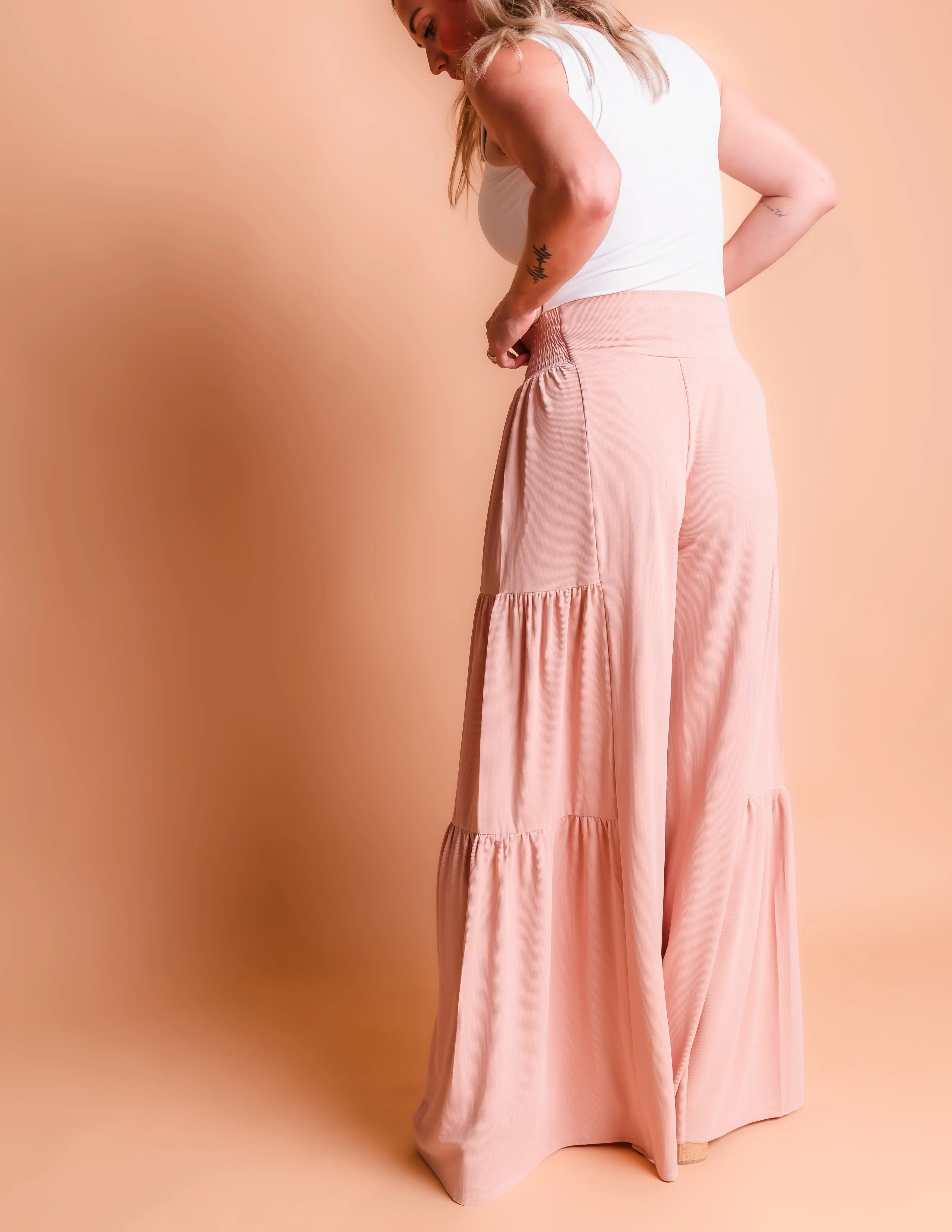 Tall Ribbed Tiered Palazzo Pants