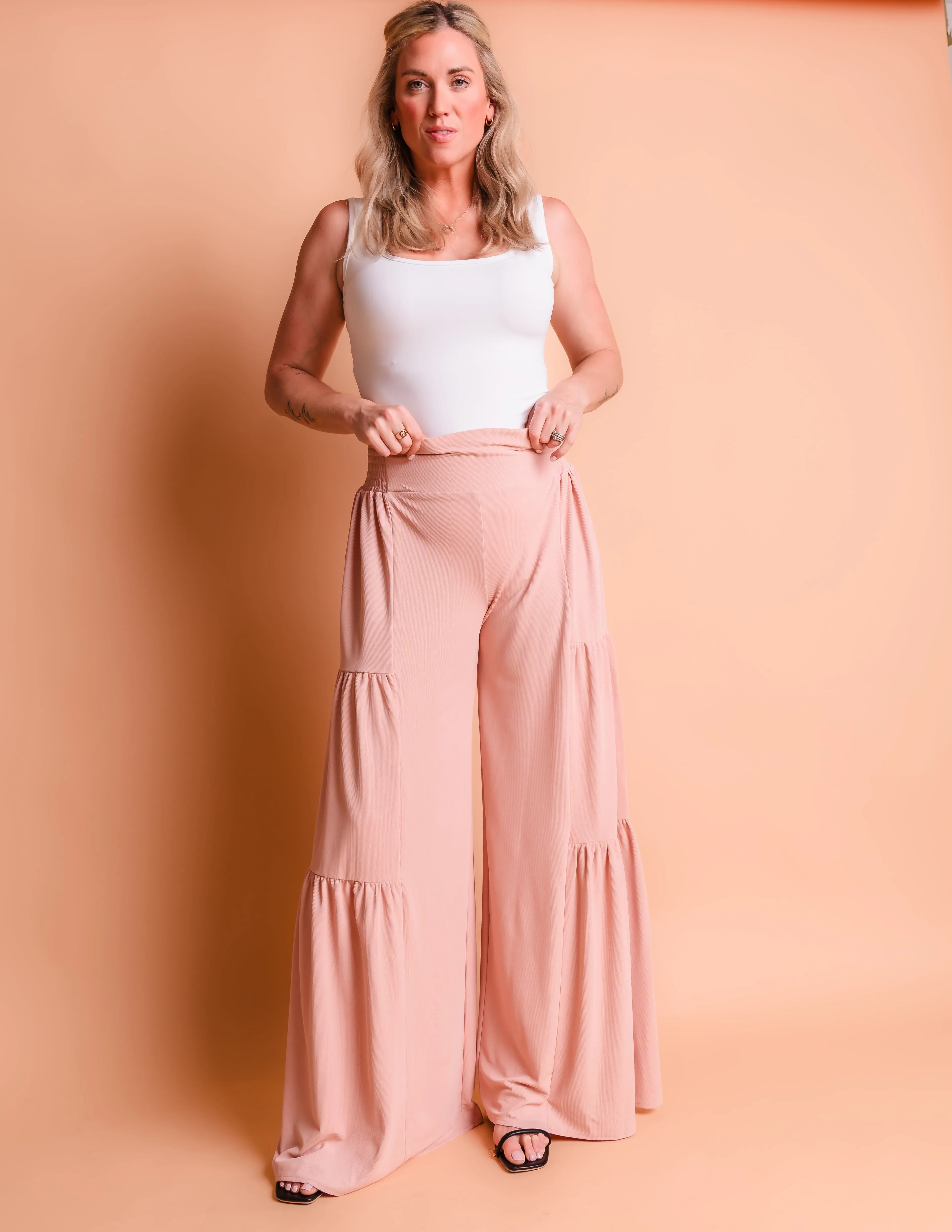 Tall Ribbed Tiered Palazzo Pants