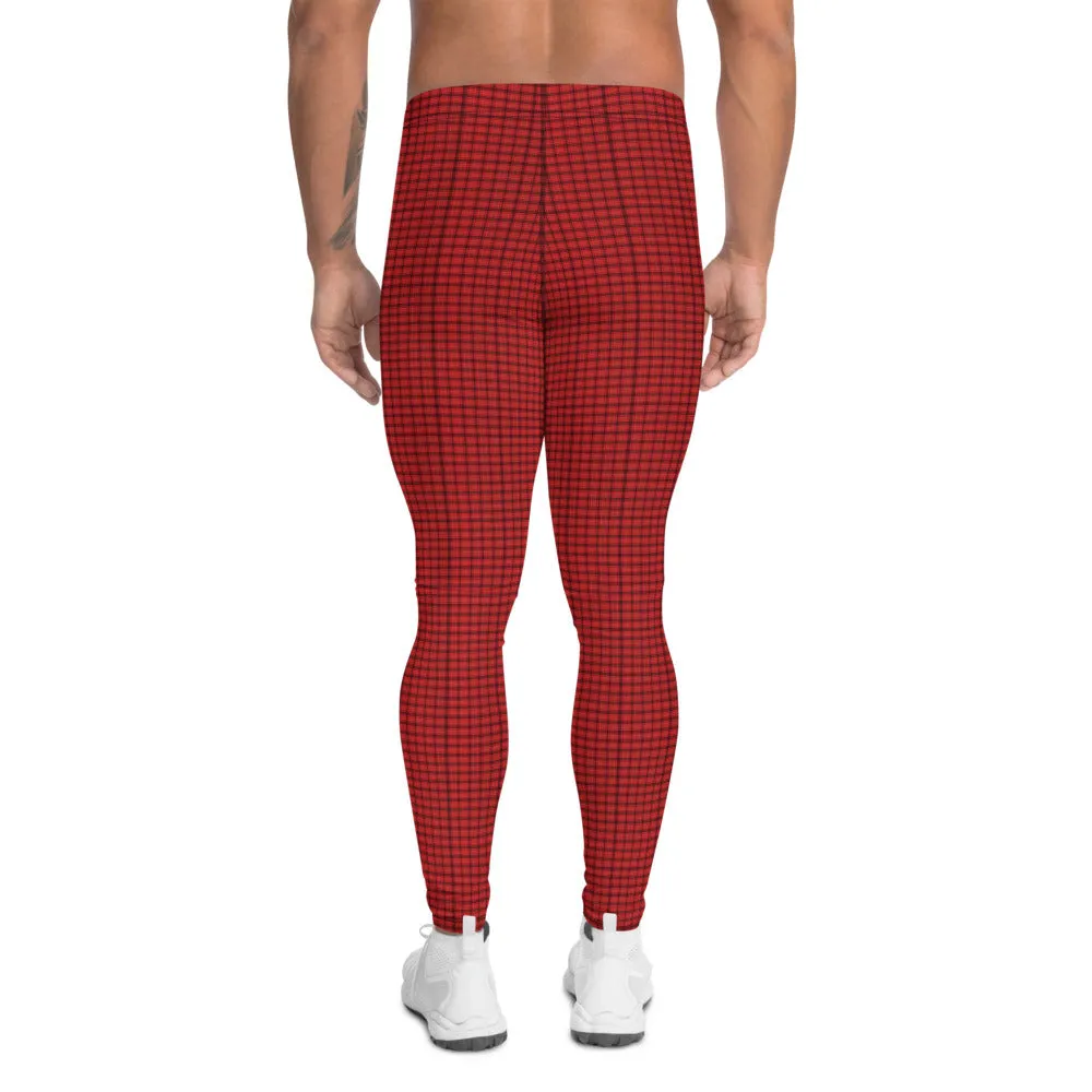 Tartan Print Men's Leggings, Red Plaid Print Men Compression Run Tights-Made in USA/EU