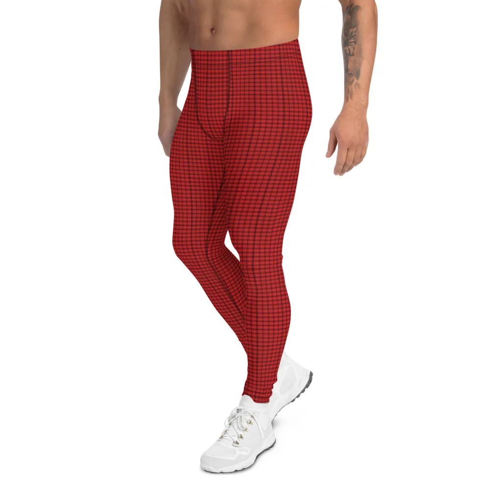 Tartan Print Men's Leggings, Red Plaid Print Men Compression Run Tights-Made in USA/EU