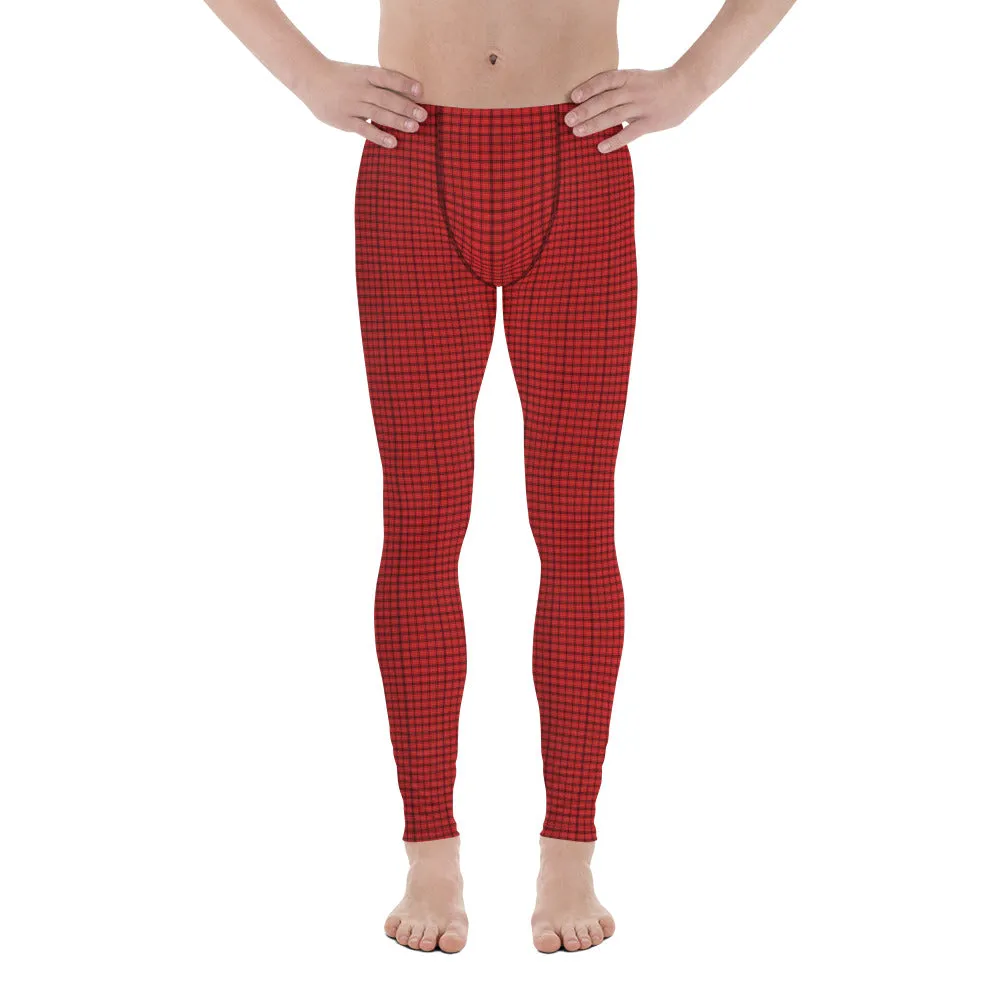 Tartan Print Men's Leggings, Red Plaid Print Men Compression Run Tights-Made in USA/EU