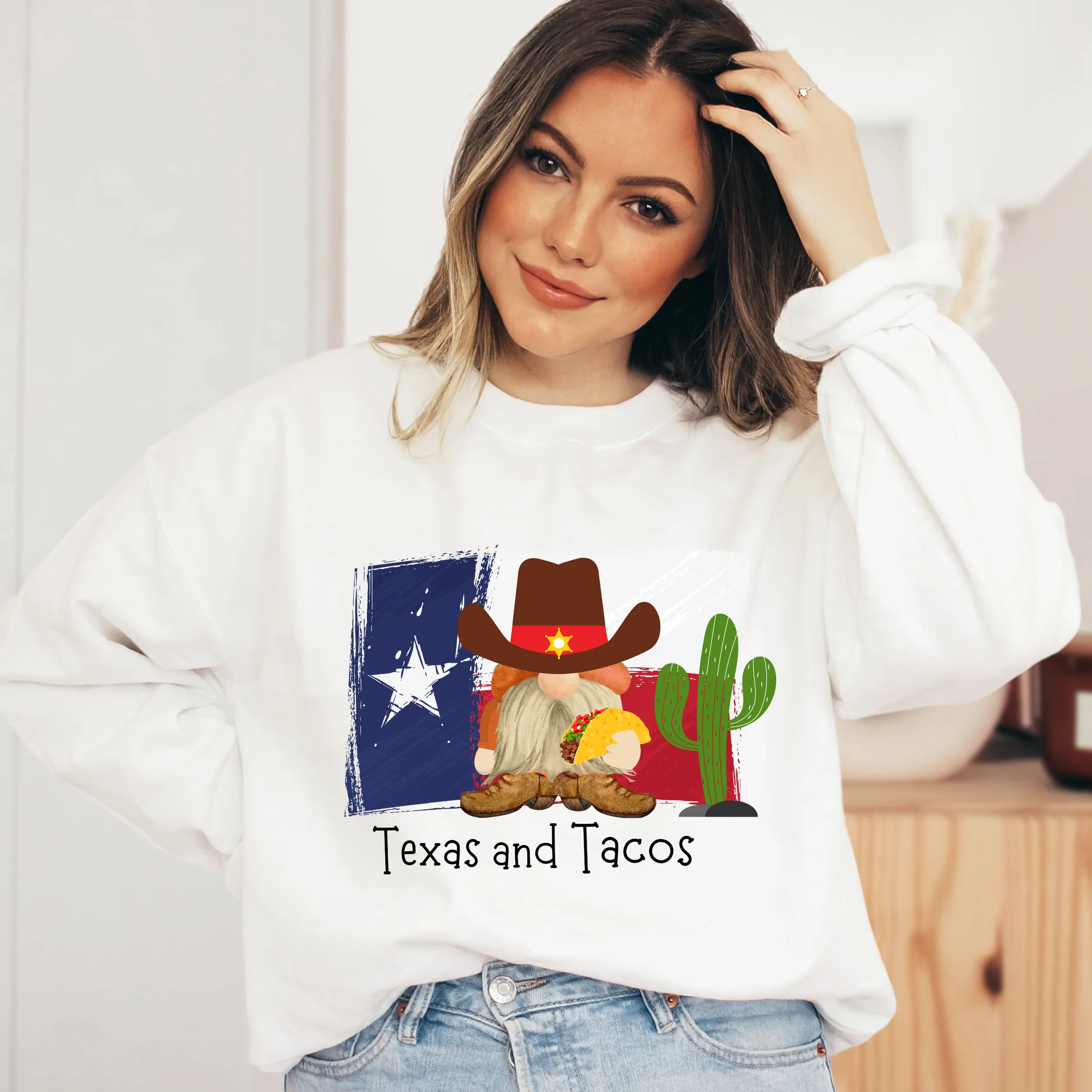 Texas and Tacos Crewneck Sweatshirt or T-Shirt Women's Pullover Cute Texas Gnome and Taco Pullover or Tee