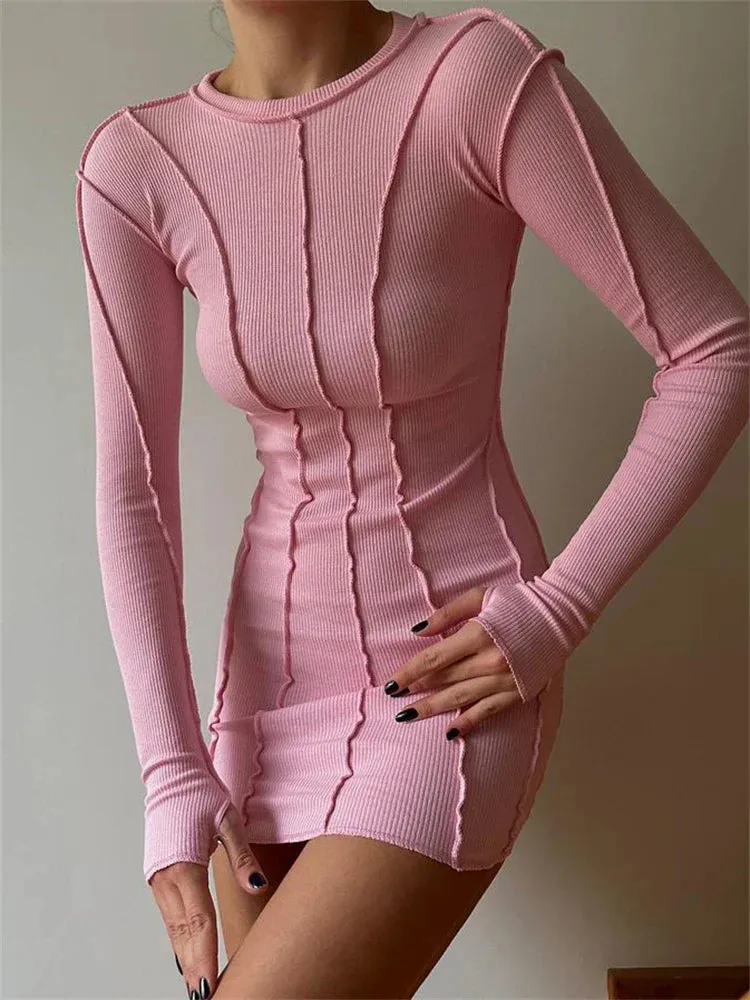 Thread Spring Elastic Long Mini Sleeve Screw Ribbed Casual Bodycon Dress