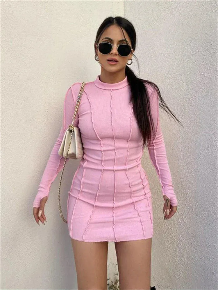 Thread Spring Elastic Long Mini Sleeve Screw Ribbed Casual Bodycon Dress