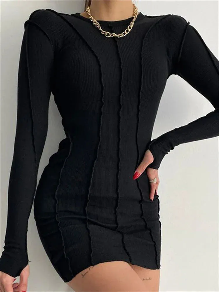 Thread Spring Elastic Long Mini Sleeve Screw Ribbed Casual Bodycon Dress