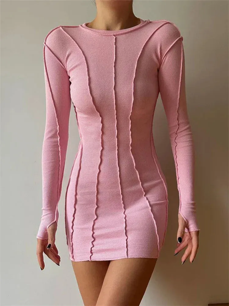 Thread Spring Elastic Long Mini Sleeve Screw Ribbed Casual Bodycon Dress