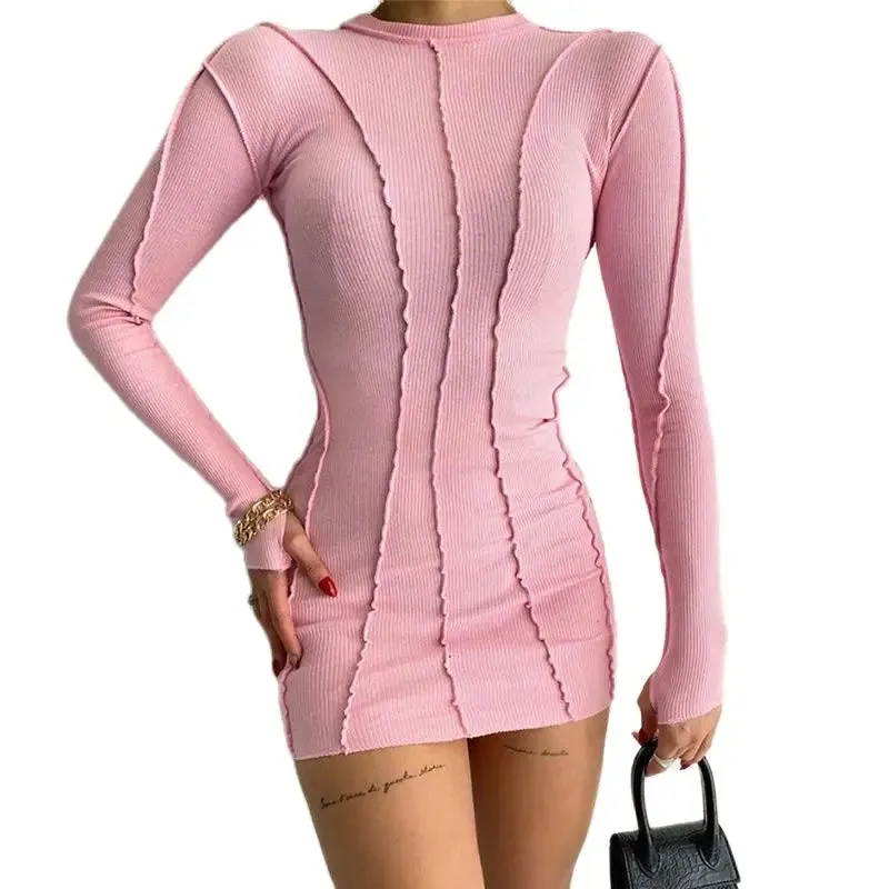 Thread Spring Elastic Long Mini Sleeve Screw Ribbed Casual Bodycon Dress