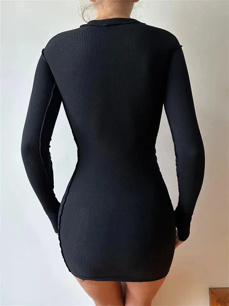 Thread Spring Elastic Long Mini Sleeve Screw Ribbed Casual Bodycon Dress