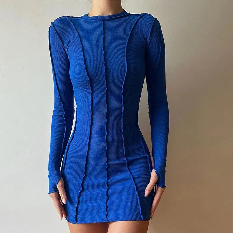 Thread Spring Elastic Long Mini Sleeve Screw Ribbed Casual Bodycon Dress