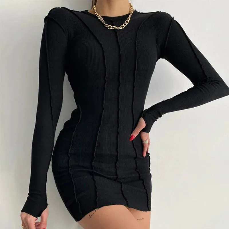 Thread Spring Elastic Long Mini Sleeve Screw Ribbed Casual Bodycon Dress