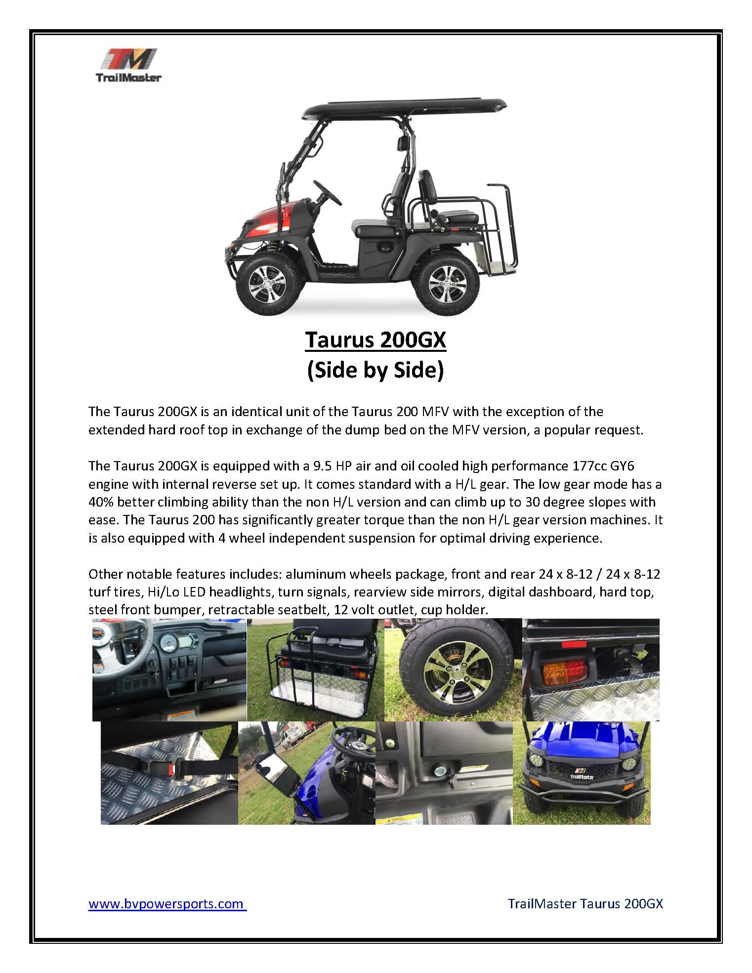 TrailMaster Taurus 200GX UTV / Golf Cart / side-by-side With Full length roof. Four seat cargo area  DOT light package