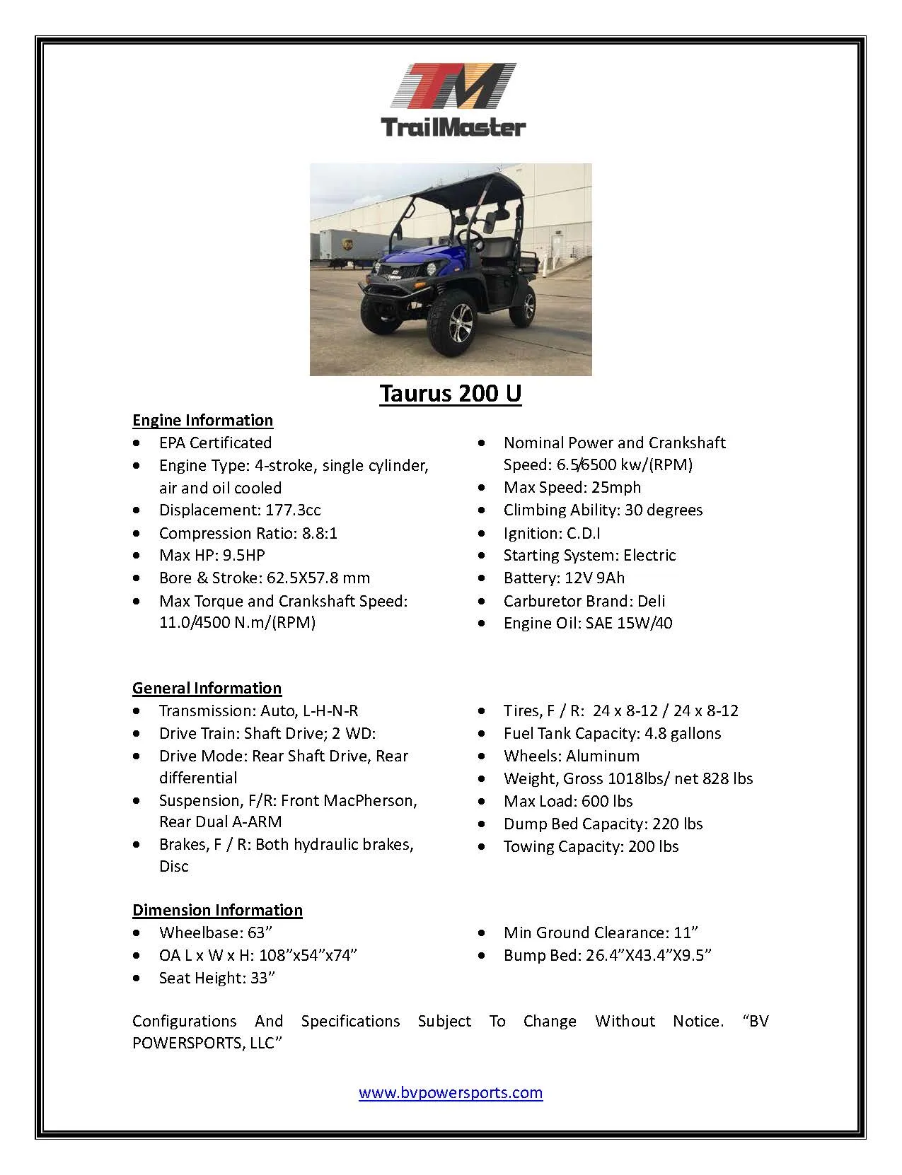 TrailMaster Taurus 200U UTV / Golf Cart / side-by-side Utility Hybrid with High/Low Gear