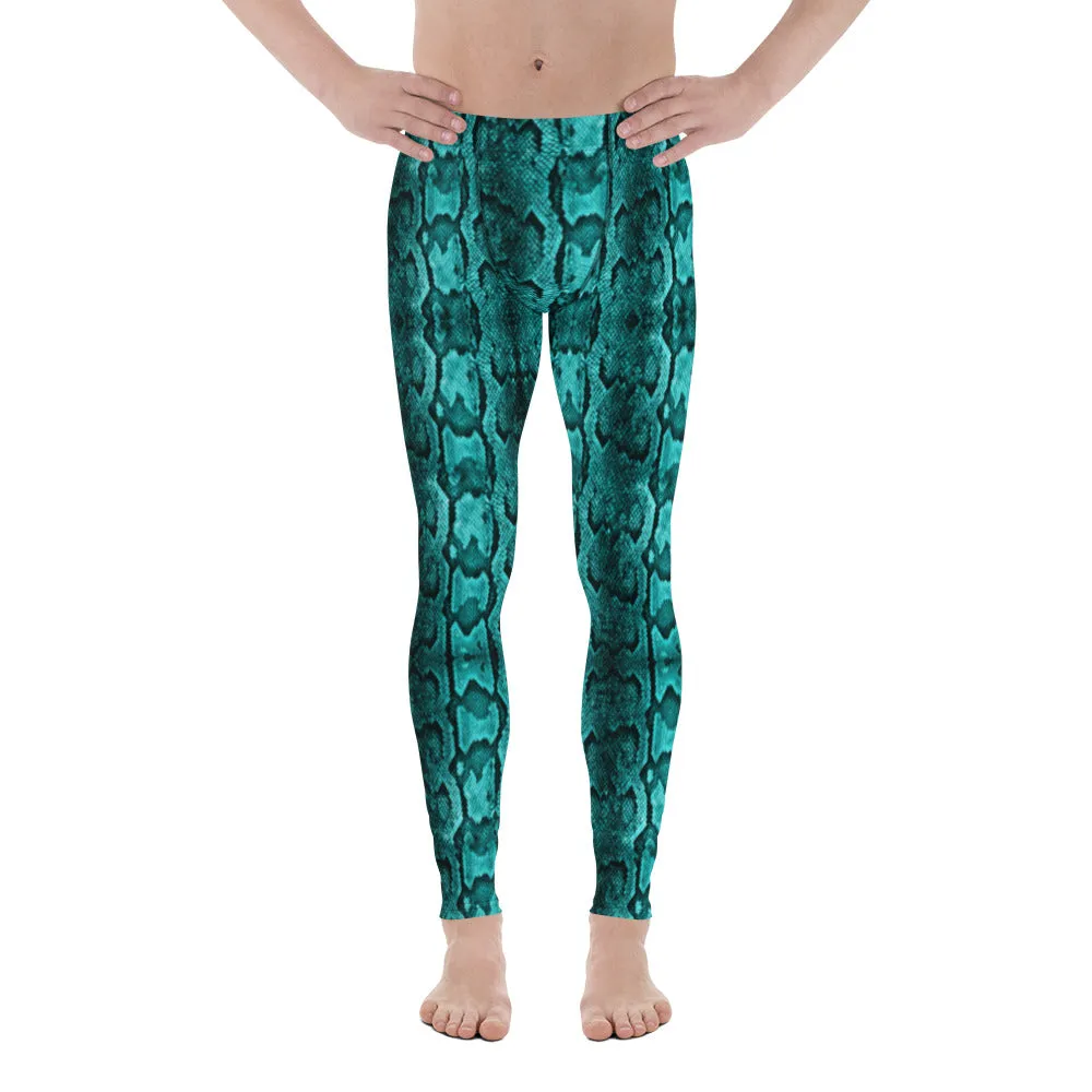 Turquoise Blue Snake Print Tights, Best Designer Men's Rave Party Festival Fun Costume Leggings