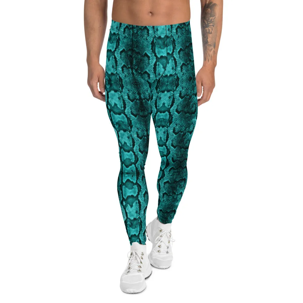 Turquoise Blue Snake Print Tights, Best Designer Men's Rave Party Festival Fun Costume Leggings