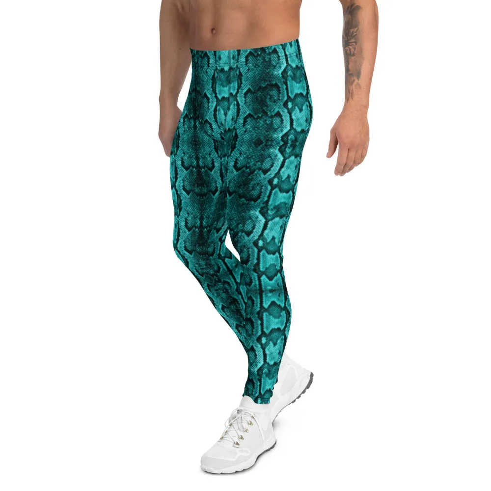 Turquoise Blue Snake Print Tights, Best Designer Men's Rave Party Festival Fun Costume Leggings