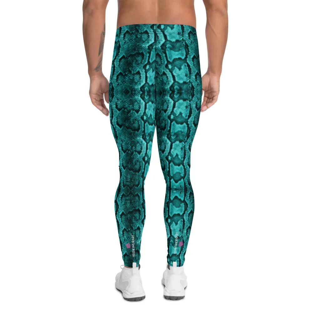 Turquoise Blue Snake Print Tights, Best Designer Men's Rave Party Festival Fun Costume Leggings