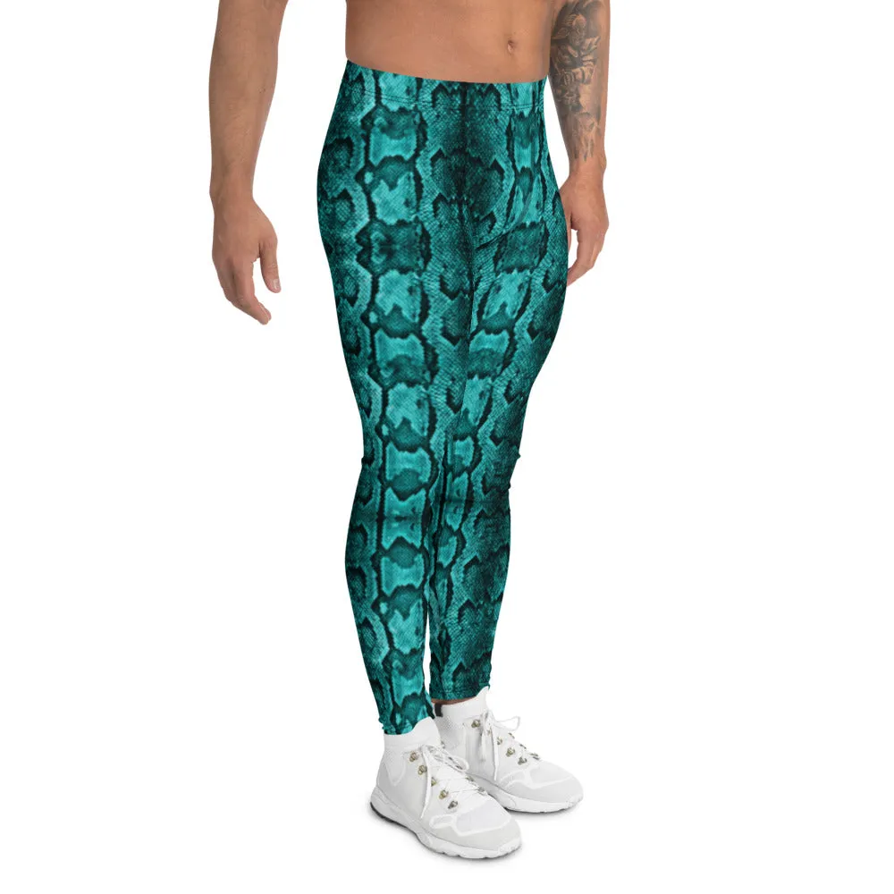 Turquoise Blue Snake Print Tights, Best Designer Men's Rave Party Festival Fun Costume Leggings