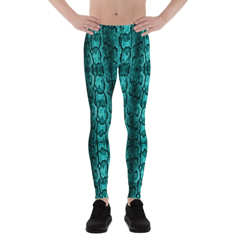 Turquoise Blue Snake Print Tights, Best Designer Men's Rave Party Festival Fun Costume Leggings