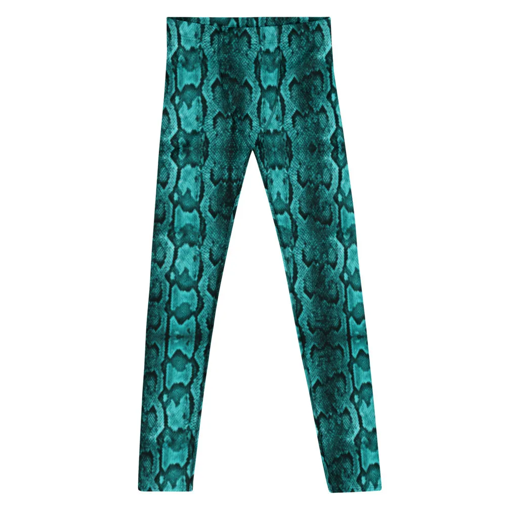 Turquoise Blue Snake Print Tights, Best Designer Men's Rave Party Festival Fun Costume Leggings