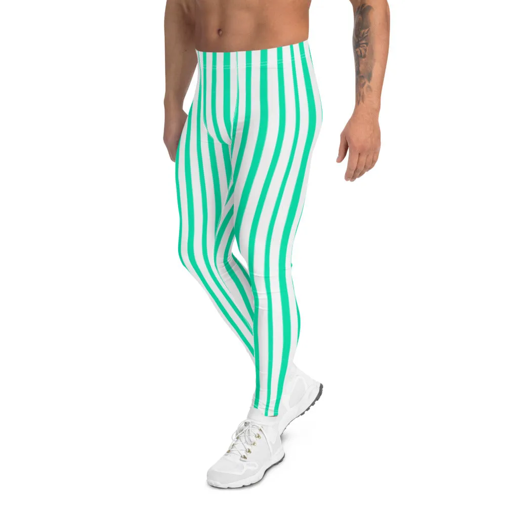 Turquoise Blue Stripes Men's Leggings, Modern Vertically Stripes Meggings-Made in USA/EU