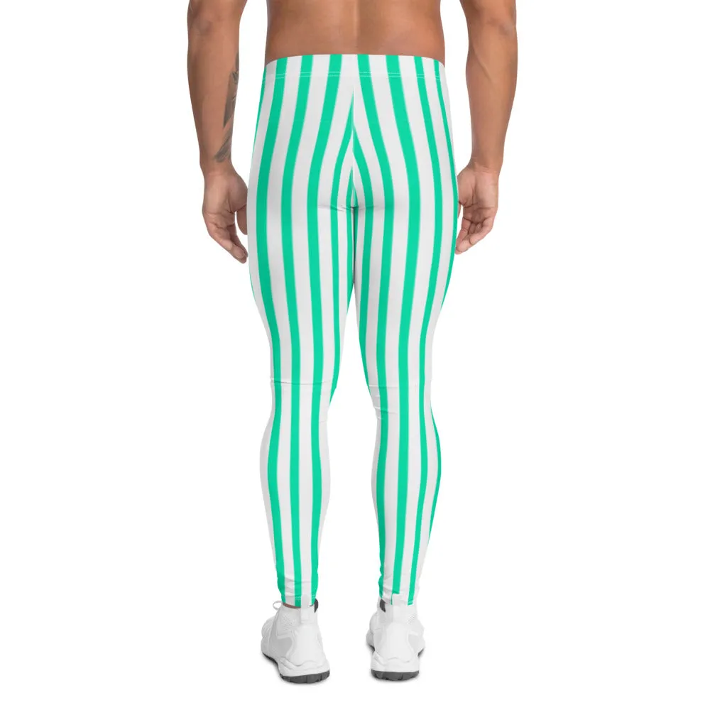 Turquoise Blue Stripes Men's Leggings, Modern Vertically Stripes Meggings-Made in USA/EU