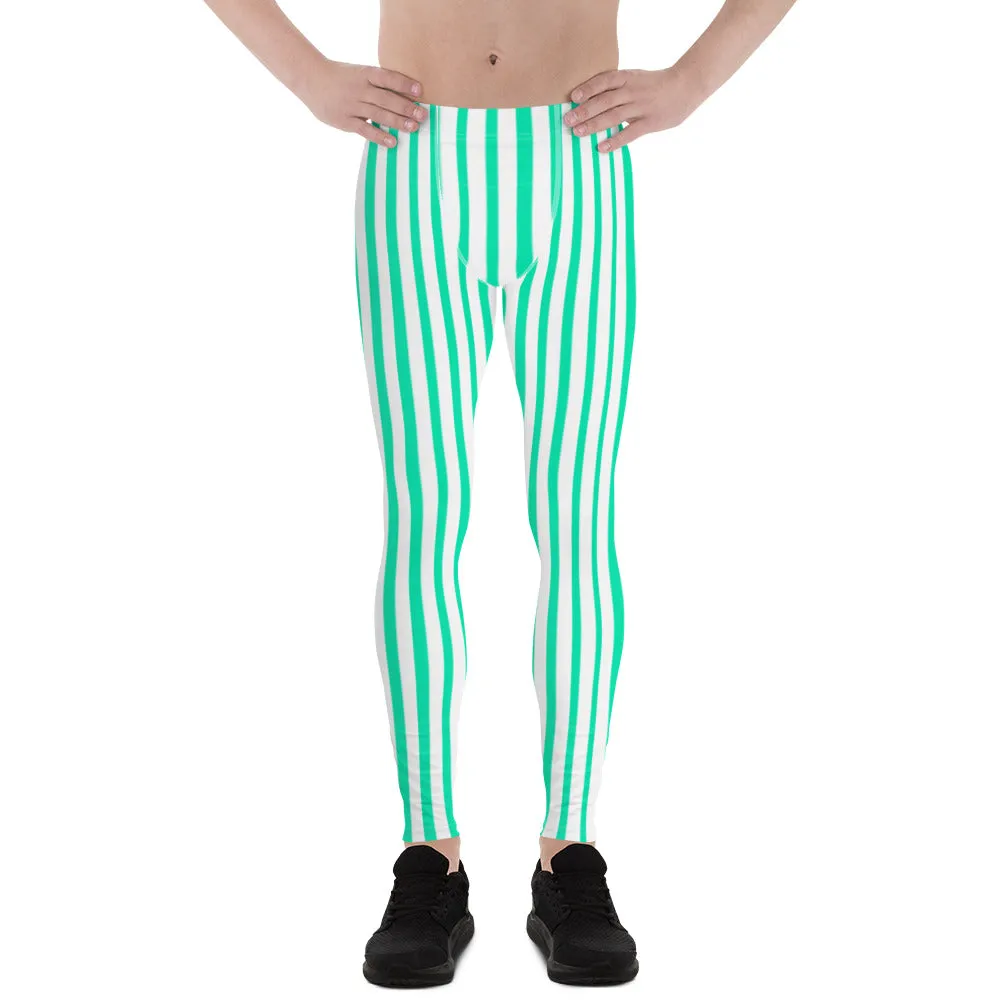 Turquoise Blue Stripes Men's Leggings, Modern Vertically Stripes Meggings-Made in USA/EU