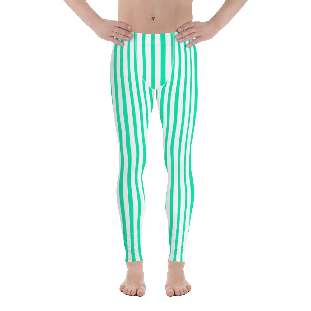 Turquoise Blue Stripes Men's Leggings, Modern Vertically Stripes Meggings-Made in USA/EU