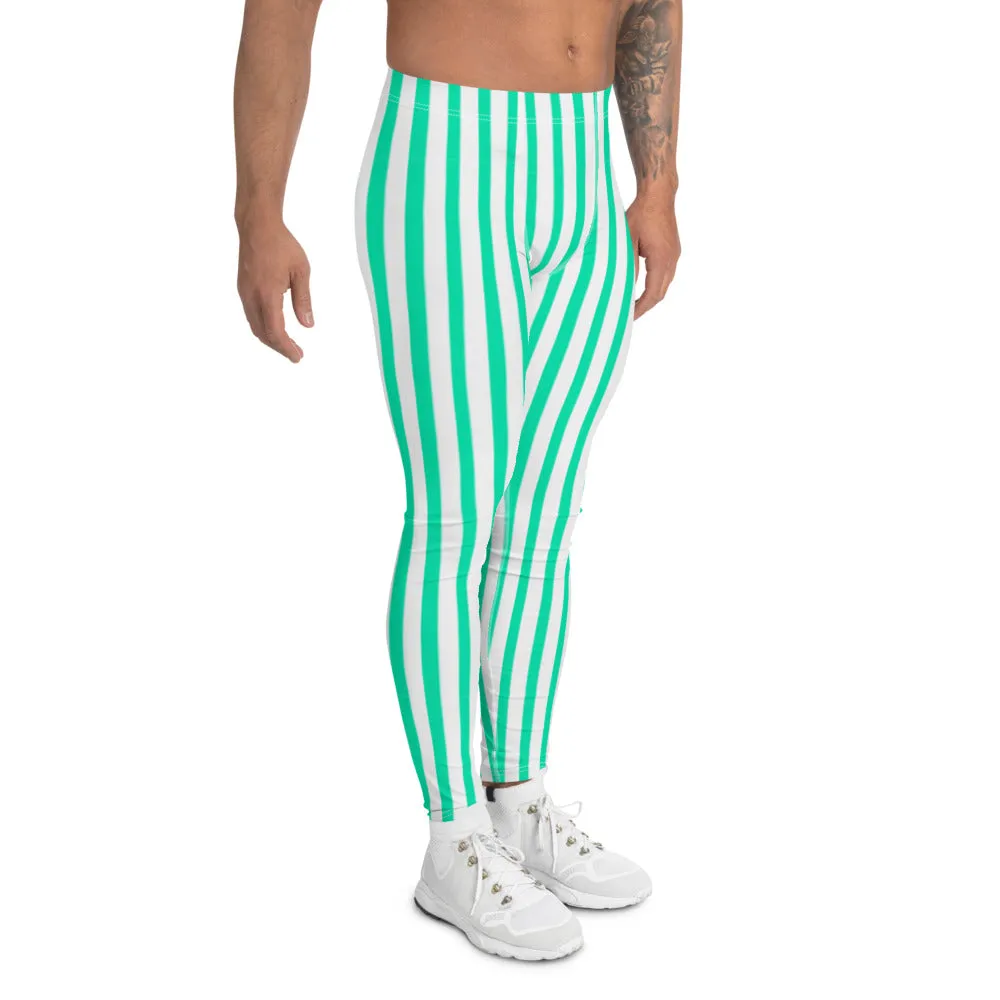 Turquoise Blue Stripes Men's Leggings, Modern Vertically Stripes Meggings-Made in USA/EU