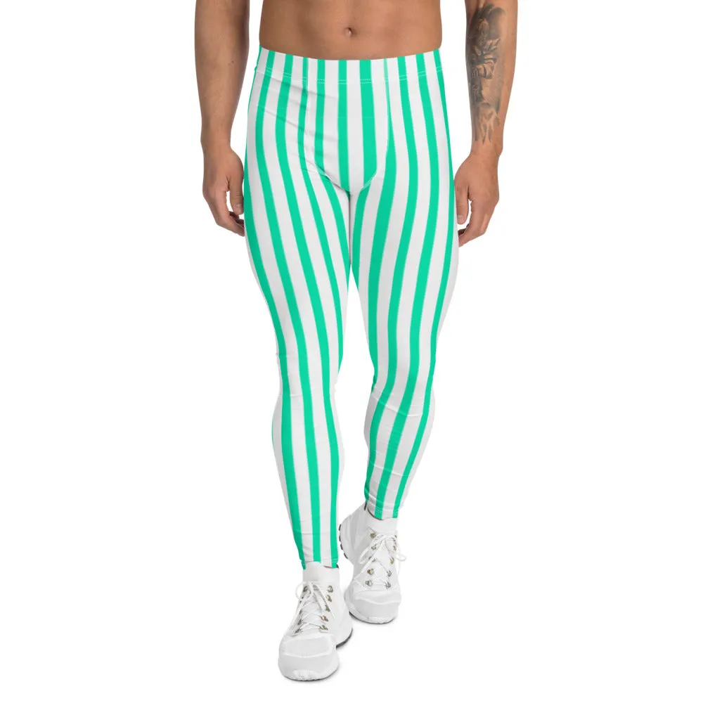 Turquoise Blue Stripes Men's Leggings, Modern Vertically Stripes Meggings-Made in USA/EU