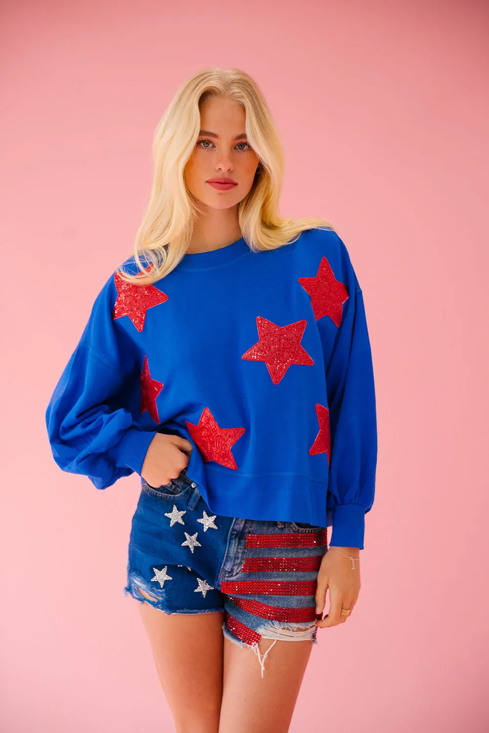 USA SEQUIN STARS ROYAL PULLOVER