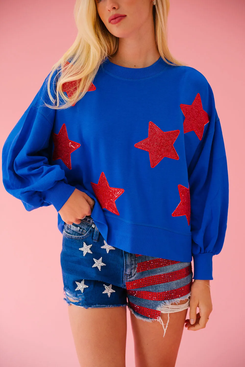 USA SEQUIN STARS ROYAL PULLOVER