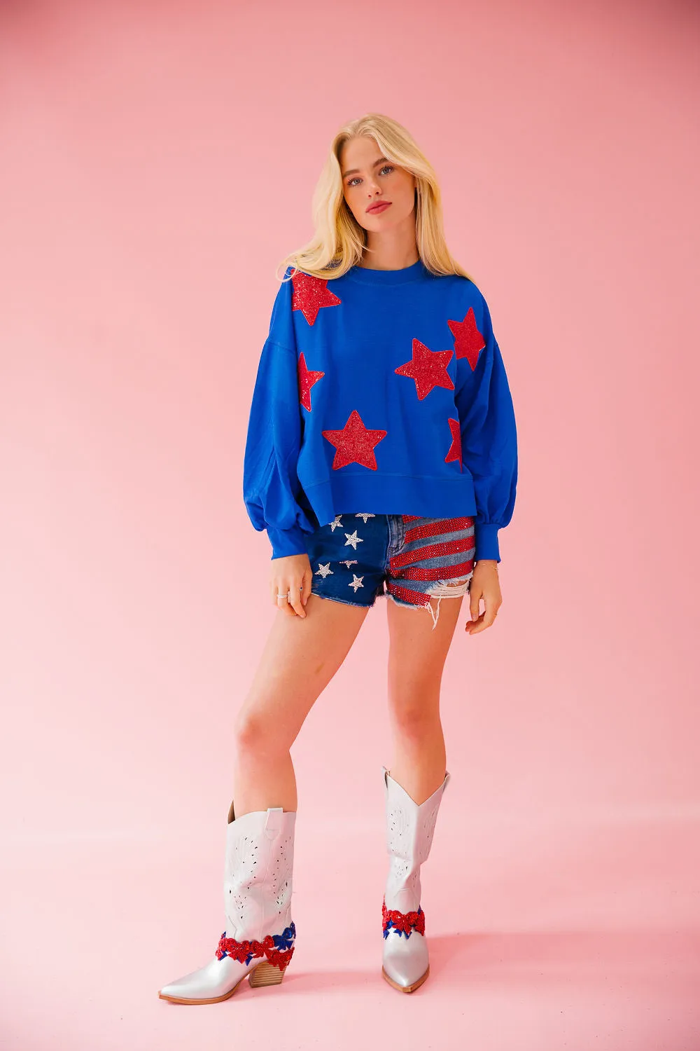 USA SEQUIN STARS ROYAL PULLOVER