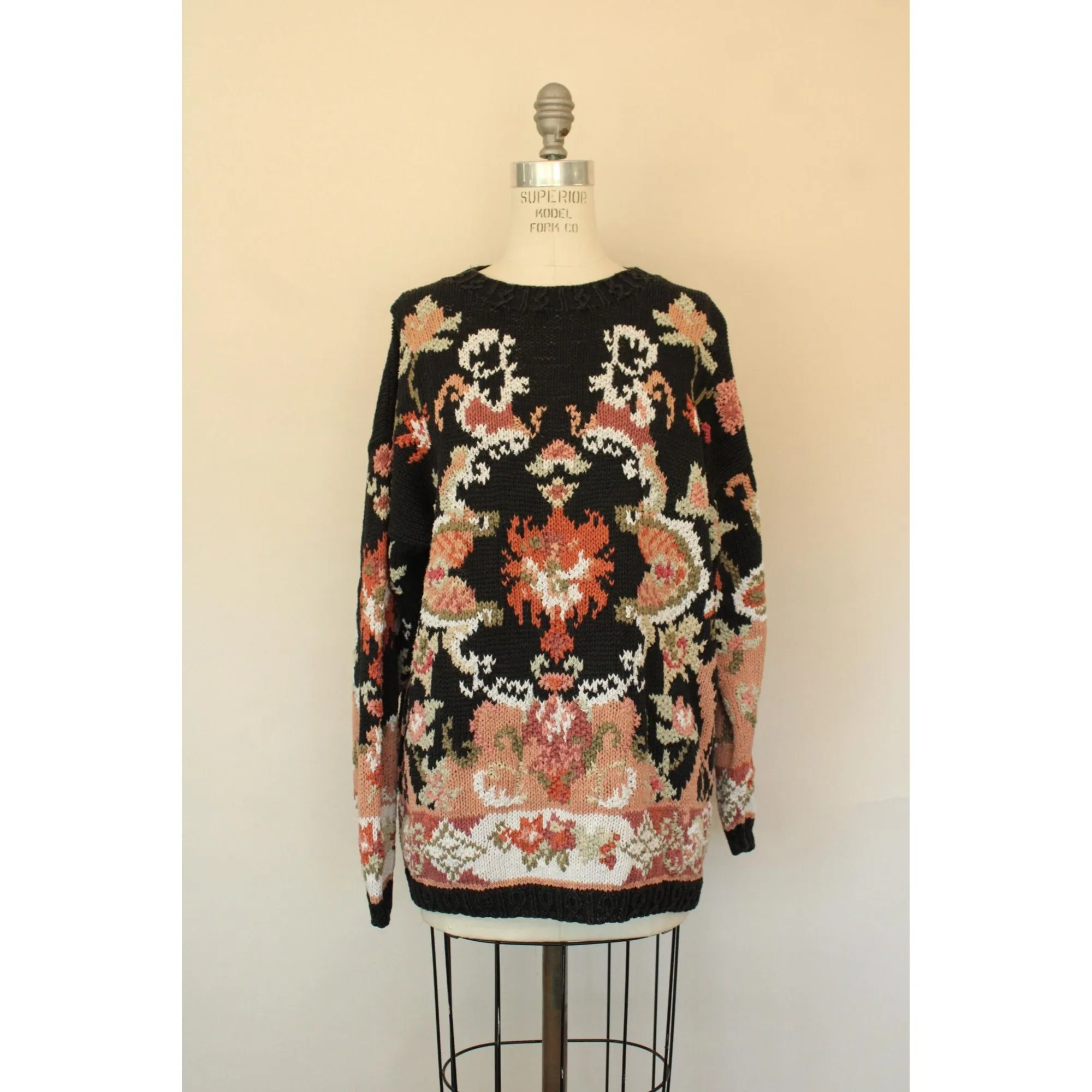 Vintage 1990s Crystal-Kobe Black Knit Floral Pattern Sweater