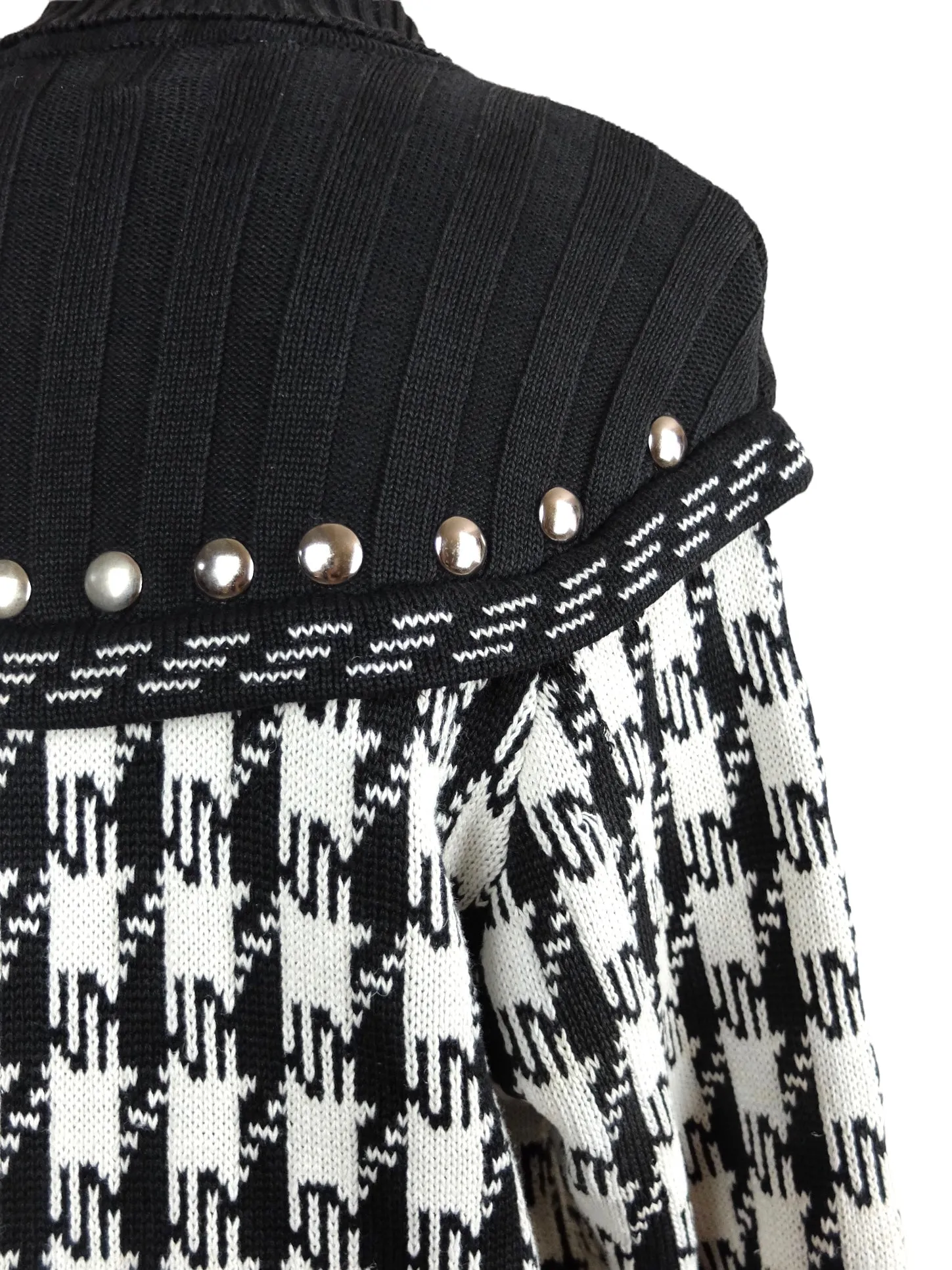 Vintage 90s Houndstooth Check Print Black & White Knit Turtleneck Roll Neck Pullover Studded Jumper with Attached Capelet Detail | Size S Petite