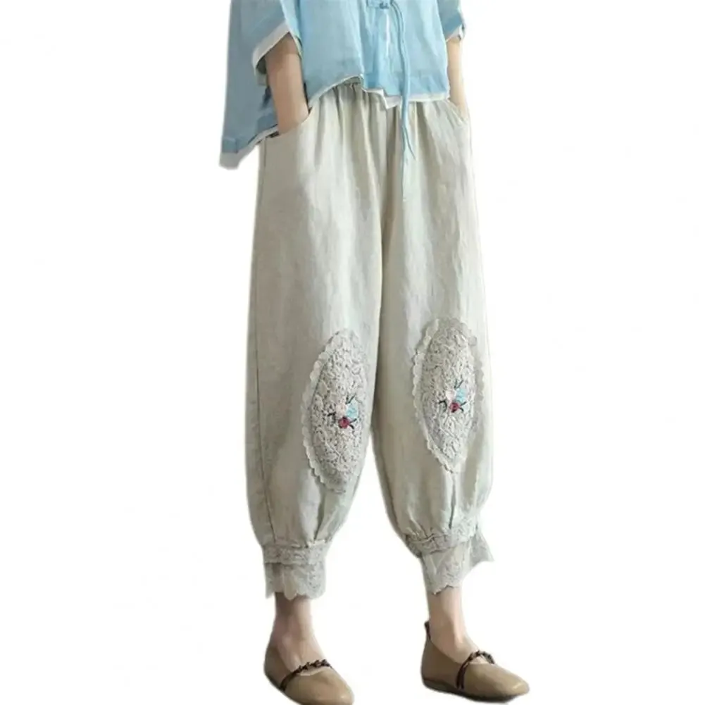 Vintage Boho Cotton Linen Pants for Women Summer Pockets Thin Beach Trousers Woman Casual High Waist Loose Harem Pants