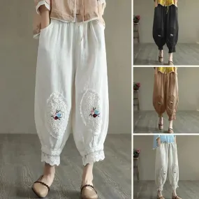 Vintage Boho Cotton Linen Pants for Women Summer Pockets Thin Beach Trousers Woman Casual High Waist Loose Harem Pants