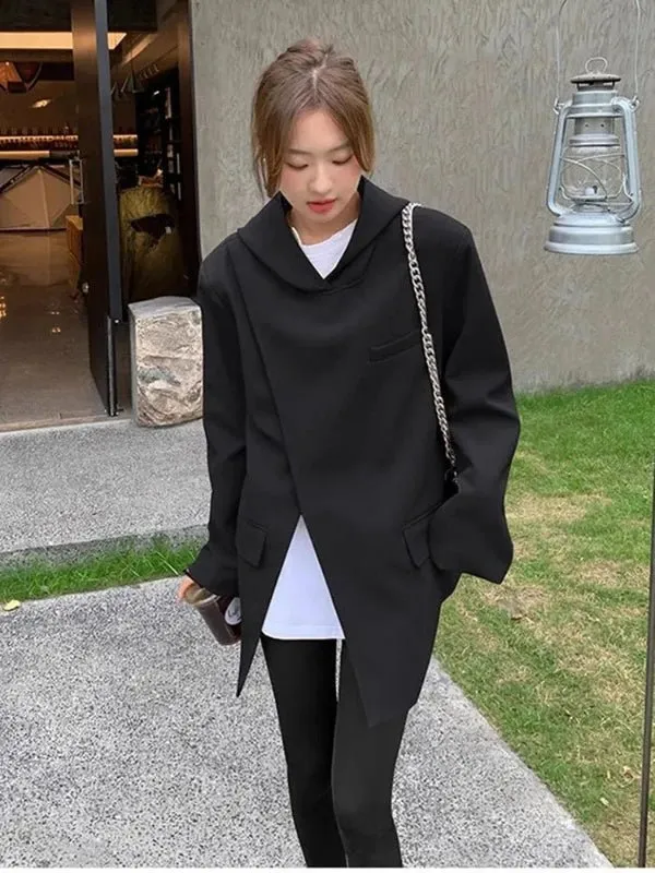 Wenkouban-Winter outfits Christmas Black Friday Casual Button Sleeve Irregular Slit Hooded Blazer