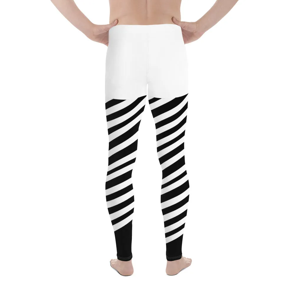 White Stripes Best Meggings, White and Black Diagonally Striped Meggings Compression Tights For Men- Made in USA/EU/MX