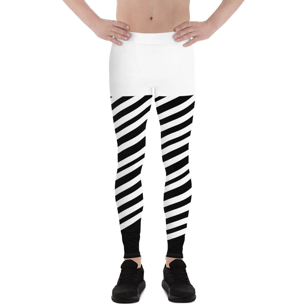 White Stripes Best Meggings, White and Black Diagonally Striped Meggings Compression Tights For Men- Made in USA/EU/MX