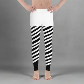 White Stripes Best Meggings, White and Black Diagonally Striped Meggings Compression Tights For Men- Made in USA/EU/MX