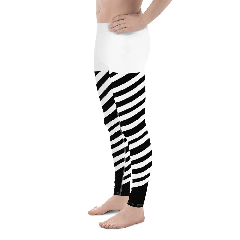 White Stripes Best Meggings, White and Black Diagonally Striped Meggings Compression Tights For Men- Made in USA/EU/MX