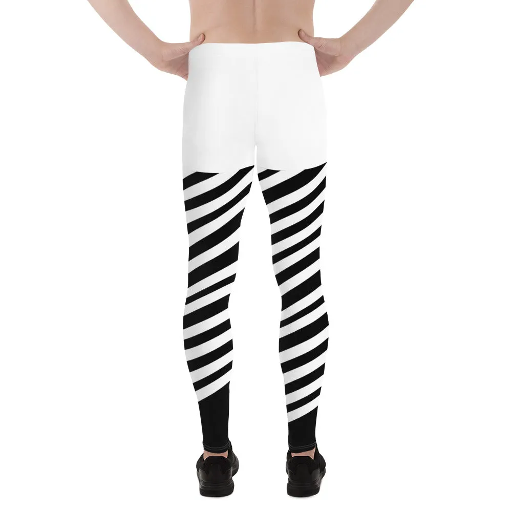 White Stripes Best Meggings, White and Black Diagonally Striped Meggings Compression Tights For Men- Made in USA/EU/MX