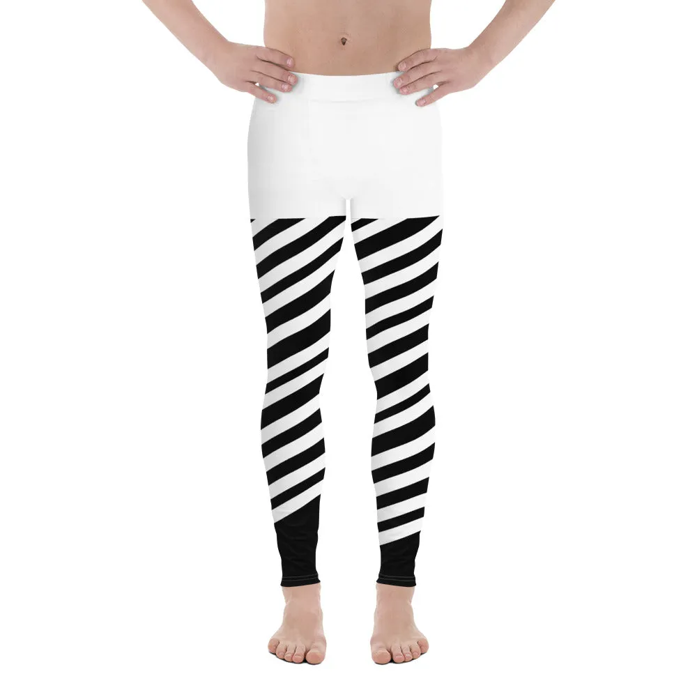 White Stripes Best Meggings, White and Black Diagonally Striped Meggings Compression Tights For Men- Made in USA/EU/MX