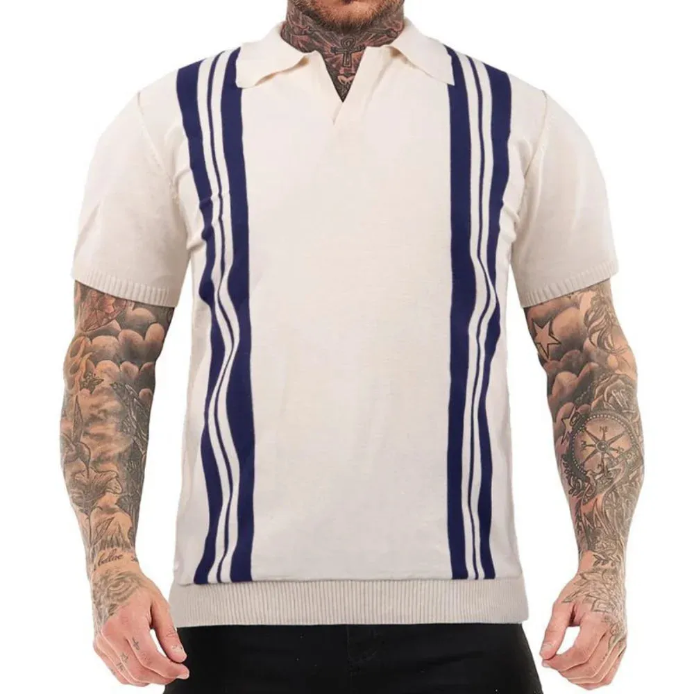 Wiaofellas  -  Mens Short Sleeve Golf Polo Shirt Color Block Lapel Collar Knit T-Shirts Striped Sweater Short Sleeve Slim Fit Casual Polo Shirt