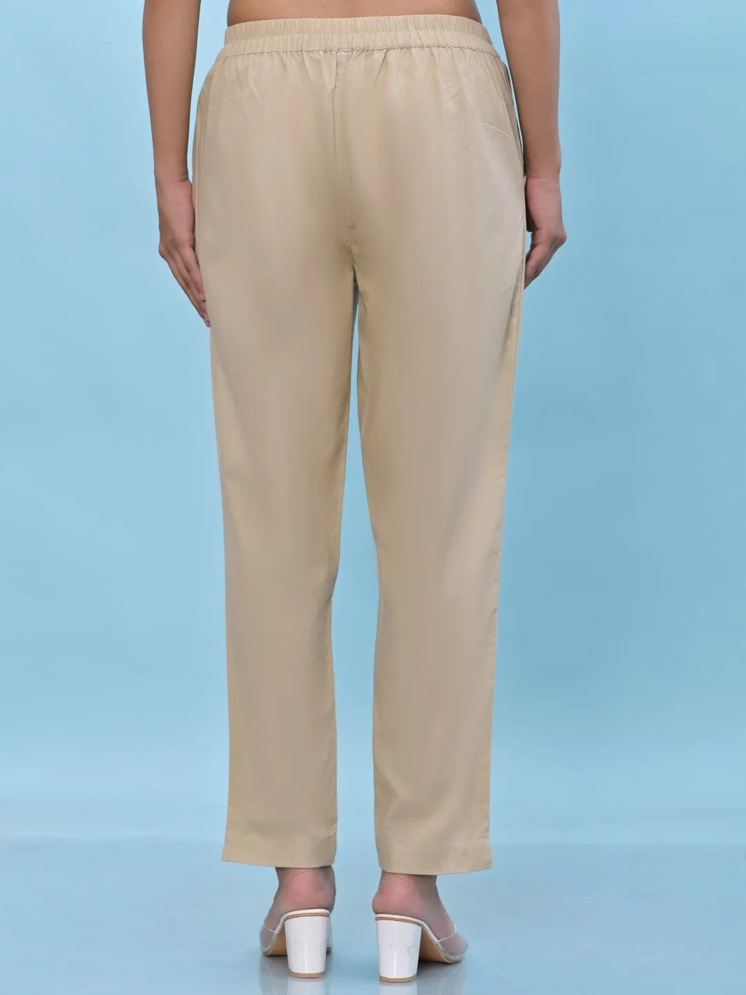 Women Beige Solid Cotton Pants With Partially Elasticated Waistband And Two Side Pockets