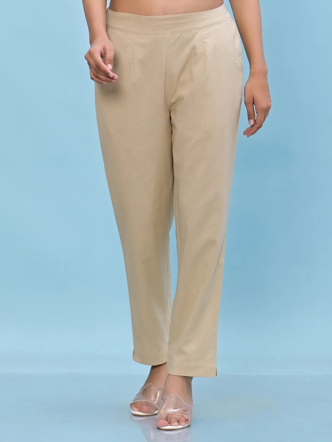 Women Beige Solid Cotton Pants With Partially Elasticated Waistband And Two Side Pockets