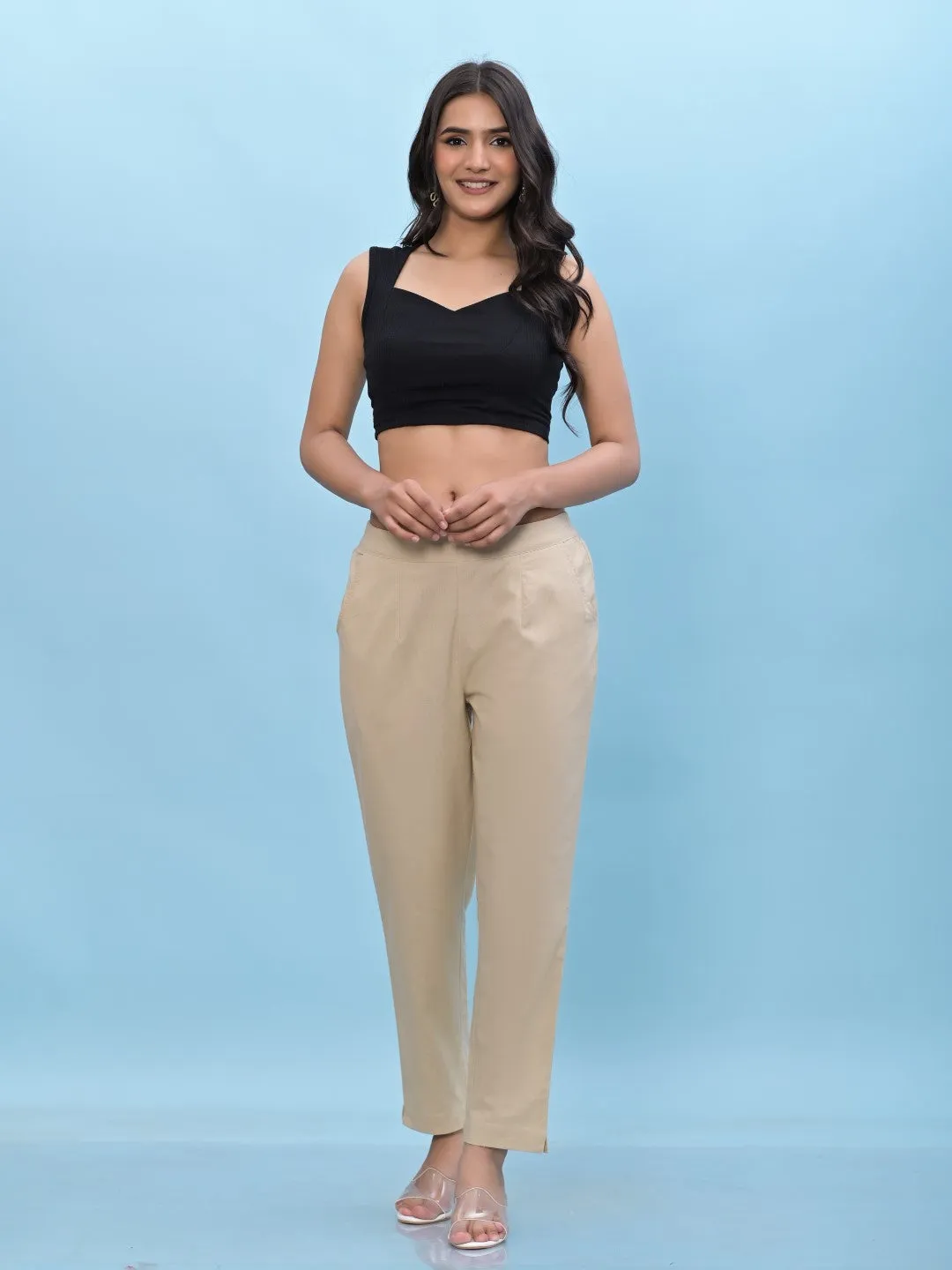 Women Beige Solid Cotton Pants With Partially Elasticated Waistband And Two Side Pockets