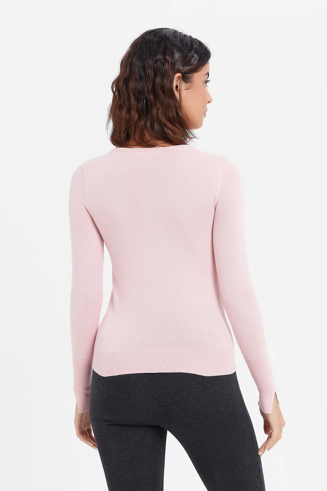 Women Pink Basic V Neck Pullover