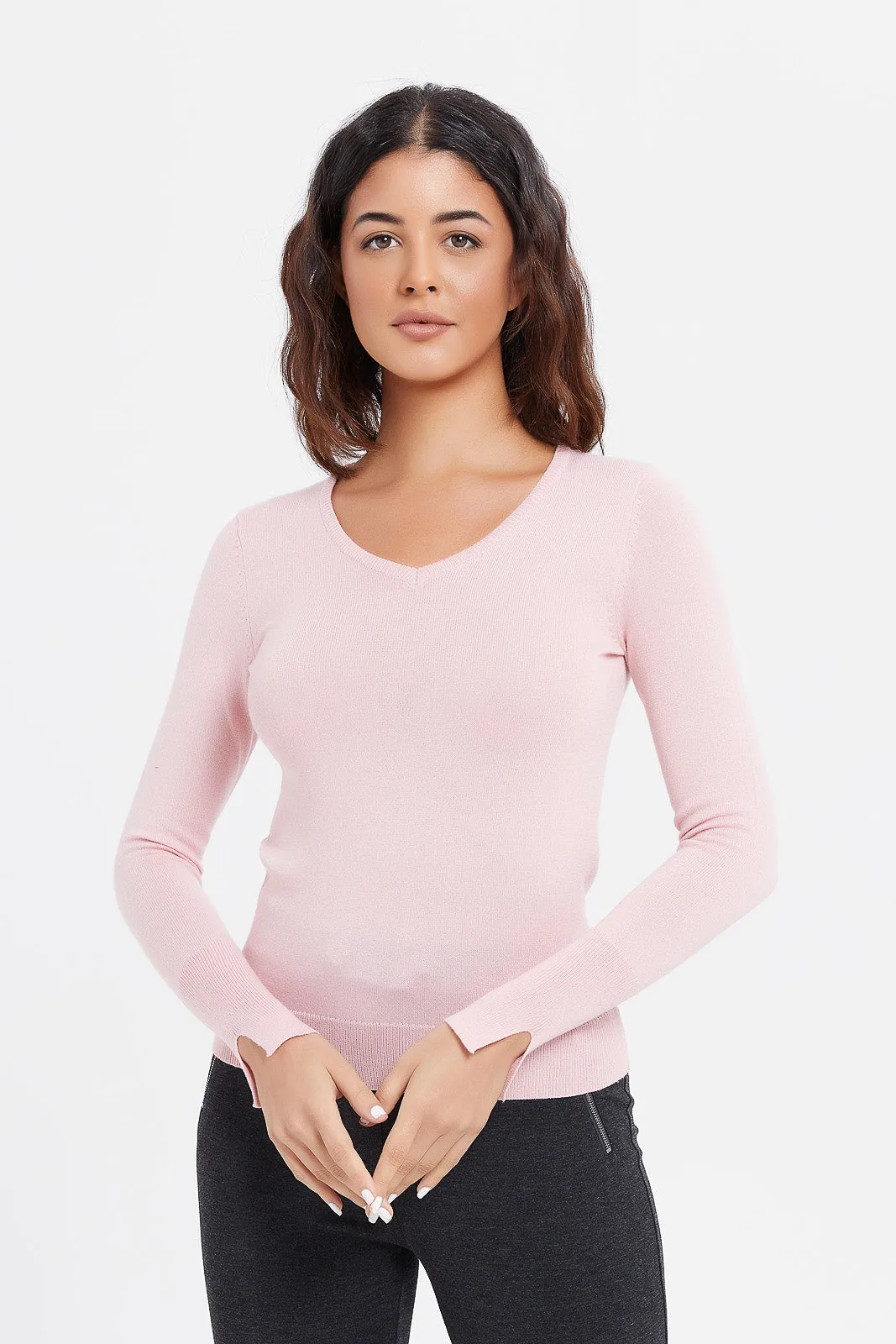 Women Pink Basic V Neck Pullover